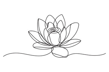 Continuous one line drawing of lotus flower in minimal modern style symbolizing peace, purity and mindfulness on white background
