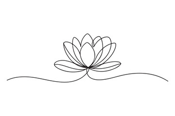 Continuous one line drawing of lotus flower in minimal modern style symbolizing peace, purity and mindfulness on white background
