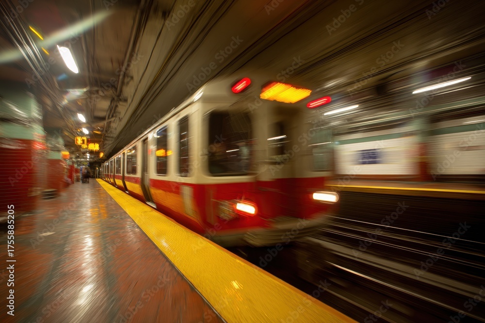 Boston Transit. Red Line Subway Train in Motion at Underground Station ...
