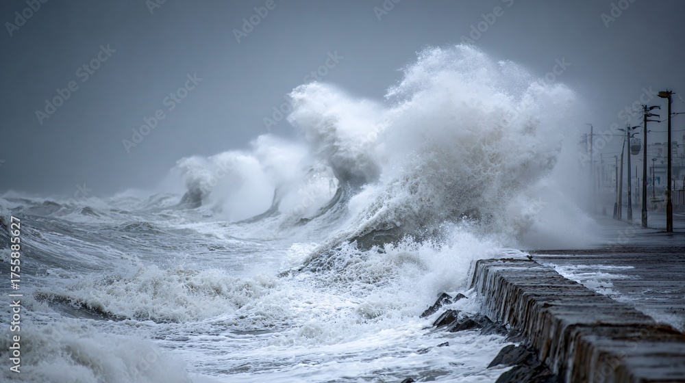 Massive storm surge waves crashing against coastal seawall, extreme ...