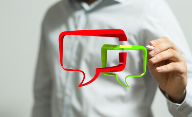 Concept of communication and connection with speech bubbles over human figure conveys modern technology impact, social media and networking conc