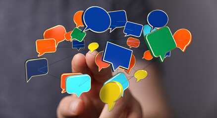 Wall Mural - Concept of social network communication with a hand connecting colorful speech bubbles, symbolizes interaction. Ideal for digital connections.