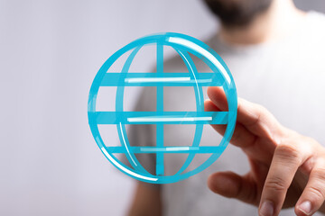 Wall Mural - High-quality image depicting a hand interacting with a digital global network, ideal for technology, connection, and global concepts.