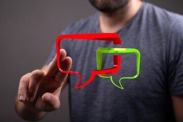 Wall Mural - Person interacts with digital speech bubbles, conveying dialogue, conversation, and the power of effective communication, modern technology