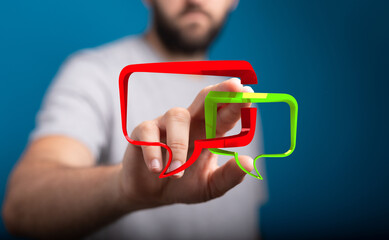 Wall Mural - Conceptual digital communication image featuring 3D speech bubbles and a hand, representing digital interaction and connection.