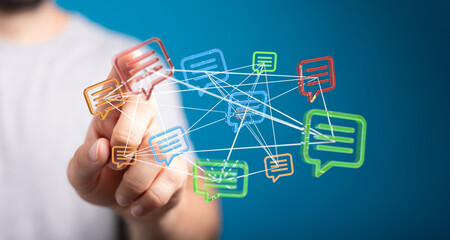 Wall Mural - Conceptual image depicting digital interaction, connected speech bubbles, network, communication, and the power of connection.