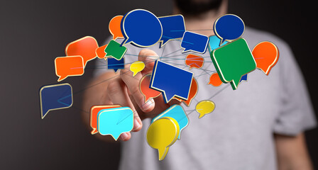 Hand interacting with a network of speech bubbles, symbolizing communication and social connections online and in modern technology.