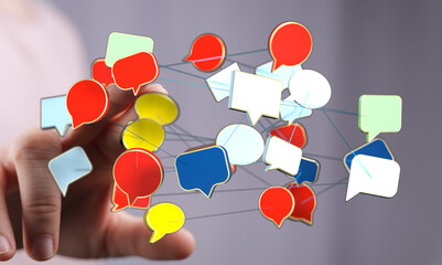 Wall Mural - Hand interacts with speech bubbles illustrating communication, feedback and connection in online and digital environments, information exchange.