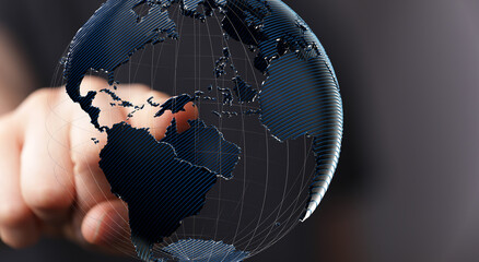 Wall Mural - High-quality image of a hand interacting with a digital 3D model of the Earth, representing global connection and networking.
