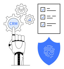 Wall Mural - Robotic hand touches CRM gear near data analytics and team icons, checklist marked with ticks, and fingerprint on security shield. Ideal for automation, CRM, security, management, planning