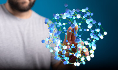 Wall Mural - A man's hand interacting with a 3D network structure representing concepts of connection, science, technology, and data. Illustrative of digital