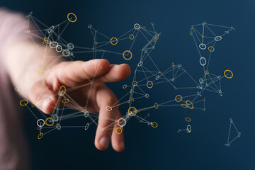 Wall Mural - Hand interacting with digital network. Represents technology, data, connection, and futuristic concepts. Ideal for business, innovation, and com