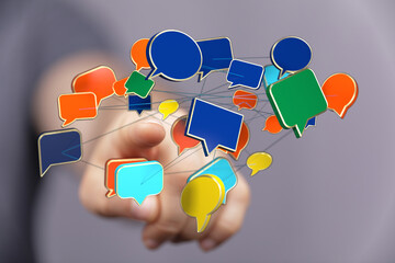 Wall Mural - Hand presenting a network of colourful speech bubbles. Social media and communication concept. Connection ideas presented in a modern style.