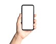 © Coco - A person's hand holding a smartphone with a blank, white screen, against a black background