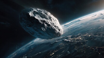 Wall Mural - Asteroid in Dark Space - Earth and Asteroid Collision in the Cosmos