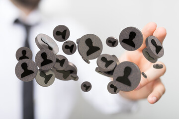Wall Mural - Conceptual business network of hand with persons icons. Concept of teamwork, social media and connection. Modern design for ads.