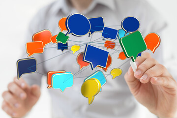 Wall Mural - Hands interact with digital speech bubbles, symbolizing communication and networking in a modern connected world. Effective seo.