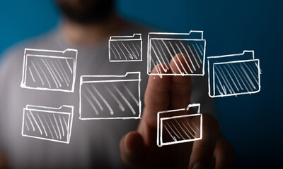 Wall Mural - Hand interacting with digital file folders icons representing data, technology, storage, and connection. Concept of data management and informat