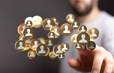 Wall Mural - Business Networking Concept represented by connected profile symbols being touched to display online connection and team dynamic growth.