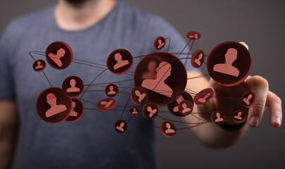 Wall Mural - Conceptual image of a man pointing to digital networking. Depicts interconnectedness, collaboration and social communication.