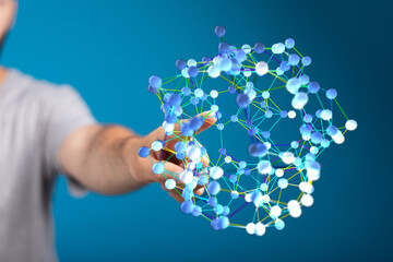 Wall Mural - Person's hand reaching toward a digital sphere, representing concepts like connection, data, and the future of technology.