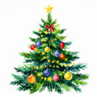 © hardvicore - Watercolor painting of lush evergreen Christmas tree decorated with colorful ornaments