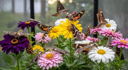Wall Mural - Medium shot focusing on moths resting on colorful blossoms inside a screened pollination habitat designed to support nocturnal pollinators.