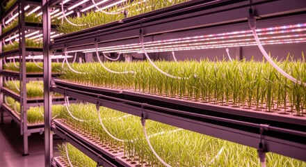 Wall Mural - Closeup medium shot showcasing indoor multitier wheat farming with precise LED illumination for optimal growth in a modern agricultural setup.