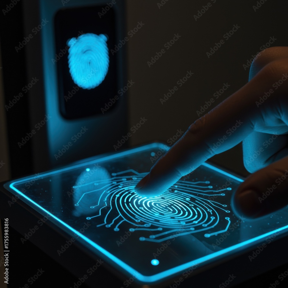 Person Using Fingerprint Scanner With Blue Glowing Lights For Security ...