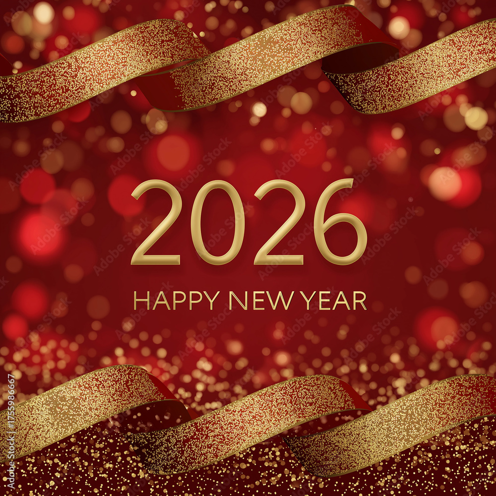Golden sparkling waves and glowing light particles on elegant red ...