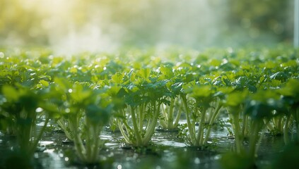 Wall Mural - Vibrant celery seedlings thriving in a soilless hydroponic setup