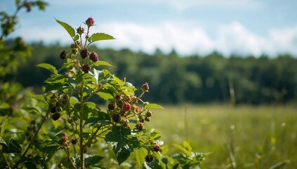 Wall Mural - Wild bramble bush with ripe red berries in a meadow, ideal for harvesting