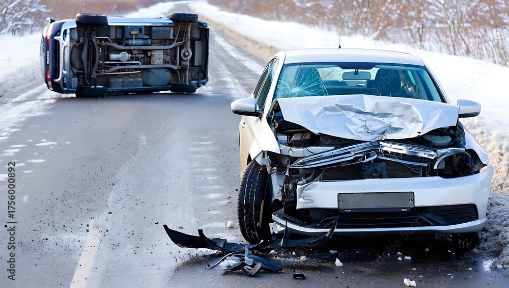 Car crash on icy road with vehicle overturned in winter Stock Photo ...