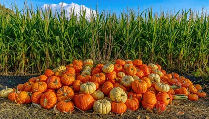 Wall Mural - Bountiful Pile Of Pumpkins Collected In A Rural Cornfield, Celebrating Autumn Festivities