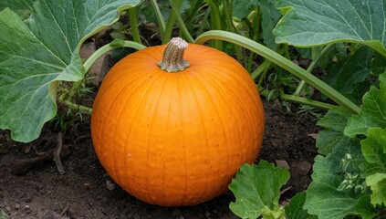 Wall Mural - A big orange squash resting in a garden patch. Fall produce collection. Cultivating squash. Natural veggies.