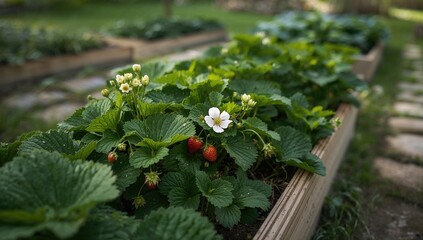 Wall Mural - Springtime garden beds with blooming strawberry plants, organic homegrown produce highlighted