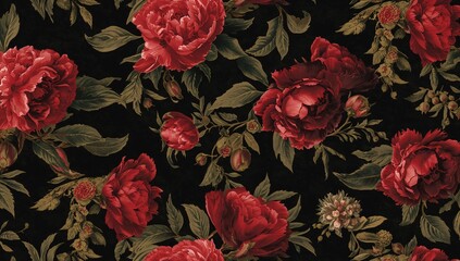 Wall Mural - Antique-style dark photo featuring a bunch of crimson peonies against a black backdrop. Classic floral arrangement. Ornate vintage design. Natural flower motif for wallpaper or a card.
