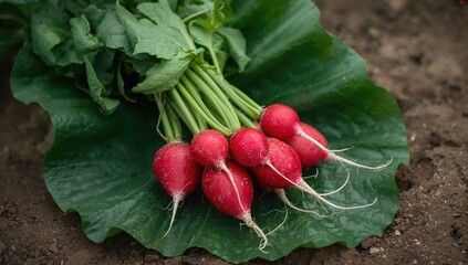 Wall Mural - A cluster of vibrant red radishes resting on a leafy green surface, fresh and prepared for consumption