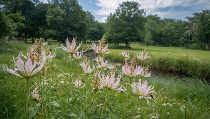 Wall Mural - Delicate white and pink spider flowers blossoming vibrantly in a scenic natural garden, attracting various insects.