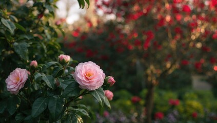 Wall Mural - Softly blurred rose-pink Camellia japonica blossom in a garden setting
