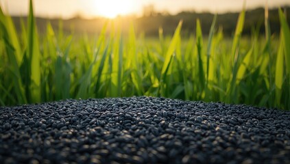 Wall Mural - Out-of-focus backdrop featuring dark rice grains and lush green foliage in a natural setting