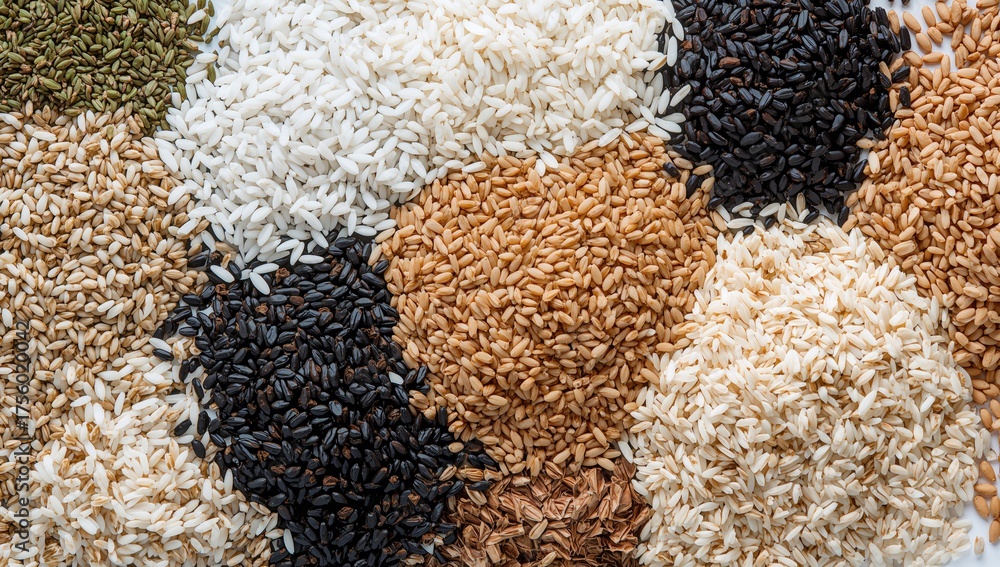 Variety of rice grains displayed as texture and background, nutrition ...