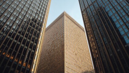 Wall Mural - Modern office skyscraper with glass windows showcasing architectural facade design and construction structure in an urban environment.