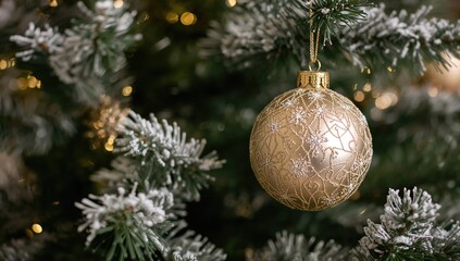 Wall Mural - Holiday-themed backdrop featuring snow-dusted fir branches and ornaments with a soft bokeh effect, ideal for seasonal greeting cards.