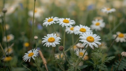 Wall Mural - Field of chamomile blossoms with a lush green natural background, showcasing texture and pattern