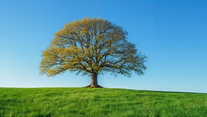 Wall Mural - Lone Tree Amidst Green Meadow Under Clear Blue Sky, Springtime Nature Scene
