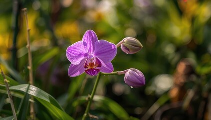 Wall Mural - Close-up of a violet orchid blossom in a small garden setting