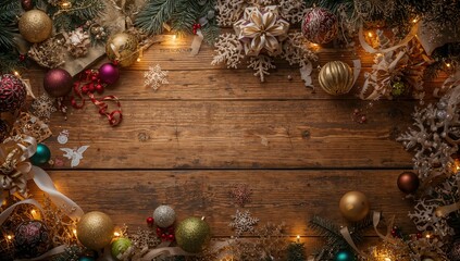 Wall Mural - Festive backdrop featuring holiday ornaments on rustic wooden planks