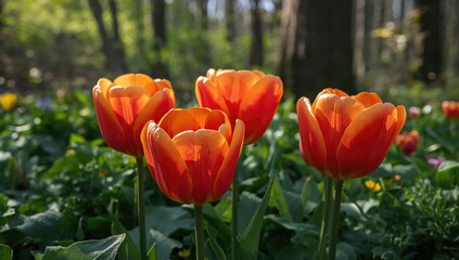 Wall Mural - Detailed view of blooming tulips in a natural setting