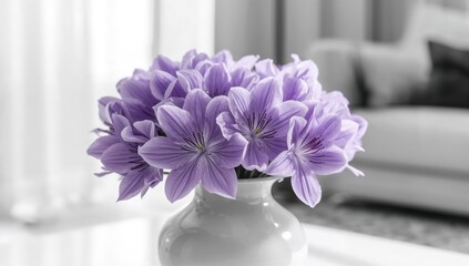 Wall Mural - Lovely purple blossoms arranged in a white container on a tabletop indoors. Detailed view. Gentle blur. Interior decoration. Seasonal floral arrangement. Contemporary room style. Monochrome.